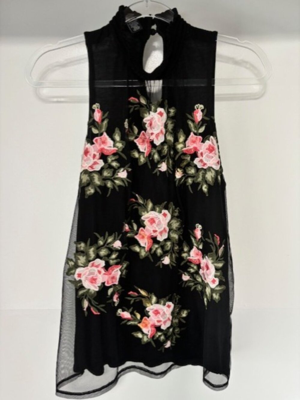 INC International Concepts L Black Mesh Embroidered Floral Rose Sleeveless Top